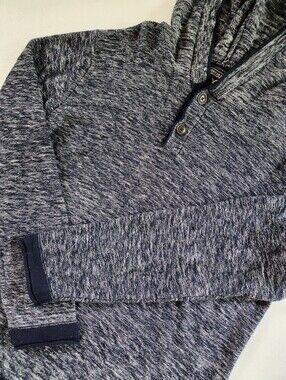 American Eagle Heathered Blue Knit Hooded Henley Sweater Hoodie Large